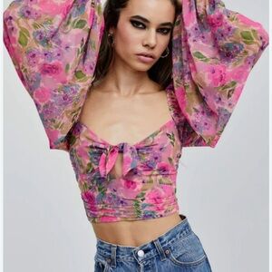 For Love And Lemons Pink Puff Sleeve Crop Blouse